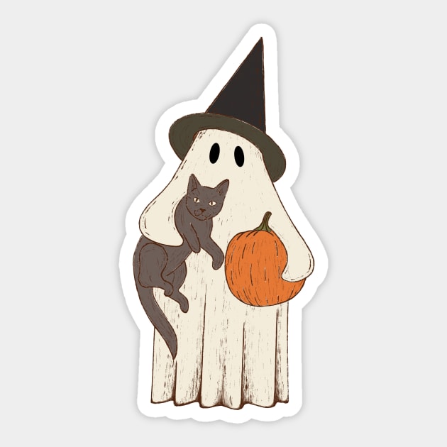 Vintage Ghost with Cat Halloween Graphic Sticker by gogo-jr